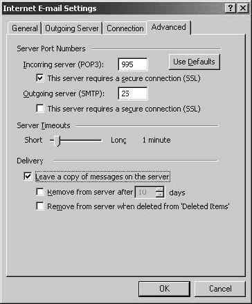 10.5 Postavljanje SSL (sigurne) konekcije za Incoming server Nakon učinjenih akcija, kliknite na gumb OK. Klikom na gumb OK zatvara se Internet E-mail Settings prozor.