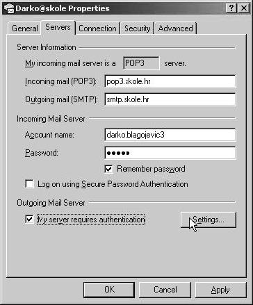 Pod dijelom Servers, postavite kvačicu na opciji My server requires authentication (vidi sliku 11.8).
