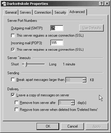 Pod dijelom Advanced, uz Incoming mail (POP3) postavite kvačicu na opciji This server requires a secure connection (SSL) (vidi sliku).
