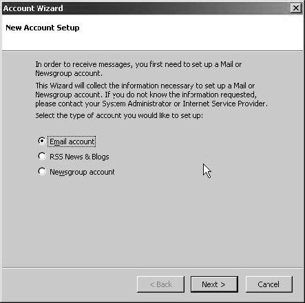 Otvara se prozor Account Wizard u kojem je već odabrana opcija za dodavanje korisničkog računa E-mail