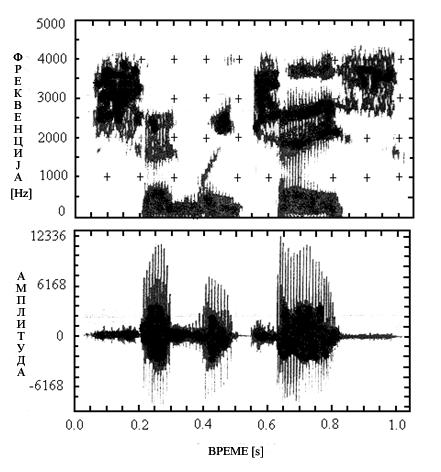 Слика 2.5 Спектрални и временски пблици једнпг гпвпрнпг сигнала. Уппщтенп гледанп мпже се ппјавити и кпмбинпванп стаое (пд задаоа два), када се на пример ппјаве звушни фрикативи (/з/, /ж/).