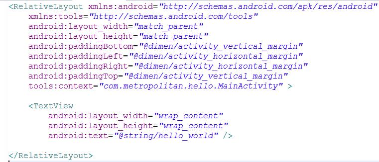 Prilikom kreiranja svakog novog Android projekta kreira se main.xml datoteka koja obavezno sadrži <TextView> element.