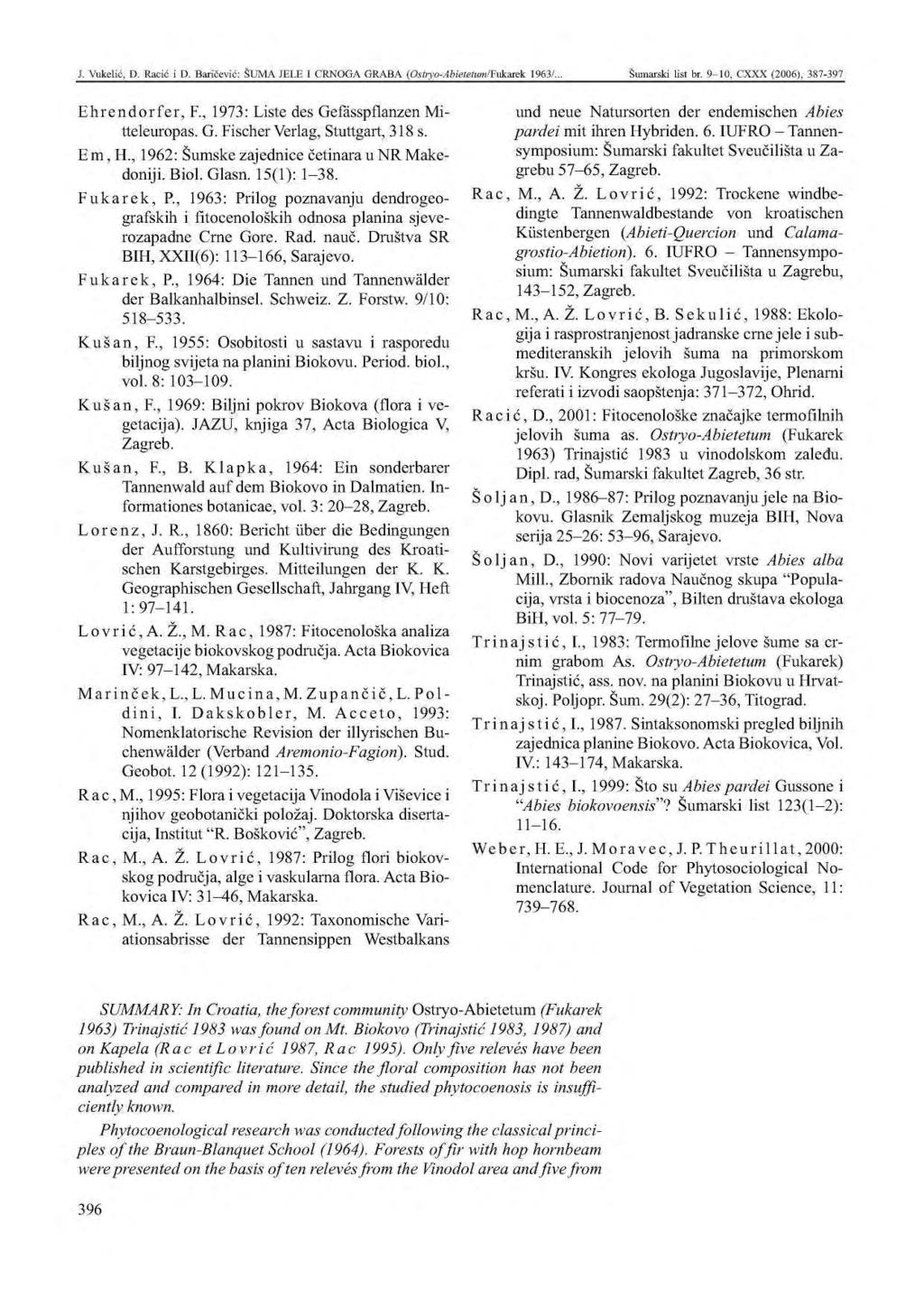 Ehrendorfer, F, 1973: Liste des Gefässpflanzen Mitteleuropas G Fischer Verlag, Stuttgart, 318 s Em, H, 1962: Šumske zajednice četinara u NR Makedoniji Biol Glasn 15(1): 1 38 Fukarek, P, 1963: Prilog