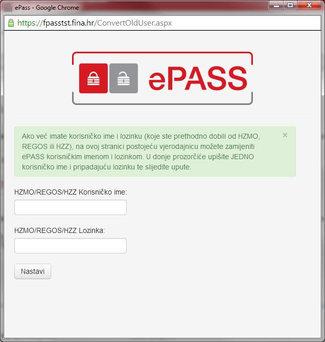 epass aplikacije, gdje Korisnik može izvršiti zamjenu vjerodajnica.