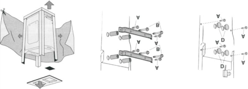 POSTAVLJANJE I INSTALACIJA Raspakujte mašinu Uklonite 4 šrafa ( A) sa Ponovo postavite 4 obe šipke i 4 šrafa ( B). šrafa ( A) i namestite ih pravilno ( D).