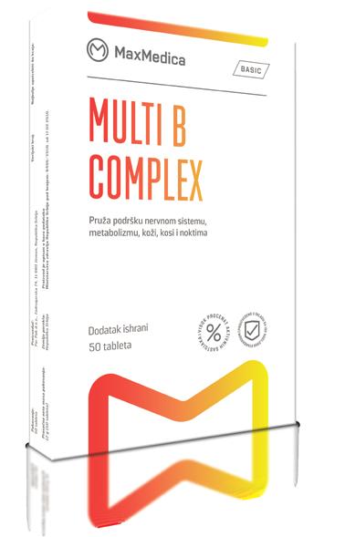 MULTI B COMPLEX Pruža podršku nervnom sistemu, metabolizmu, koži, kosi i noktima Multi B complex tablete sadže optimalan odnos vitamina B kompleksa (B1, B2, B3, B5, B6, B7, B9 i B12).