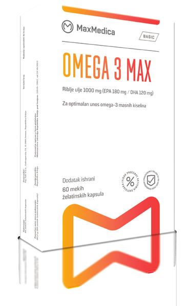 OMEGA 3 MAX Za optimalan unos omega-3 masnih kiselina Omega 3 meke želatinske kapsule dodatak ishrani na bazi omega-3 masnih kiselina (EPA i DHA). EPA i DHA doprinose normalnoj funkciji srca.