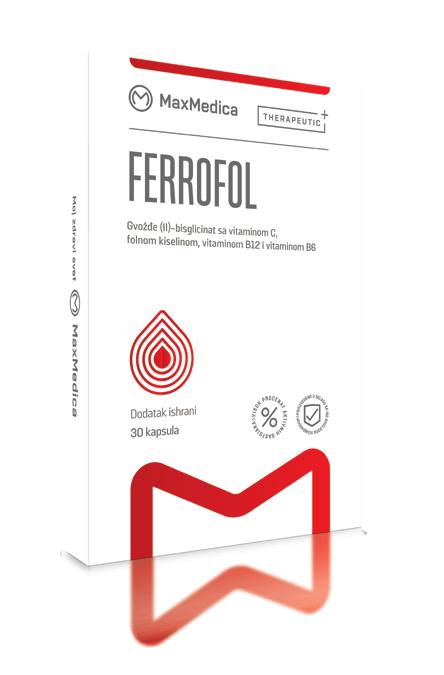 FERROFOL Dodatak ishrani sa gvožđem, vitaminom C, folnom kiselinom, vitaminom B12 i vitaminom B6 Ferrofol sadrži helirano gvožđe (gvožđe bisglicinat) koje omogućuje maksimalnu apsorpciju sa odličnom