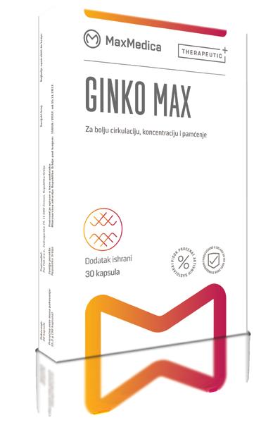 GINKO MAX Za bolju cirkulaciju, koncentraciju i pamćenje Ginko Max kapsule su formulisane na bazi ekstrakta lista ginka koji doprinosi mentalnim i kognitivnim aktivnostima i podstiče perifernu
