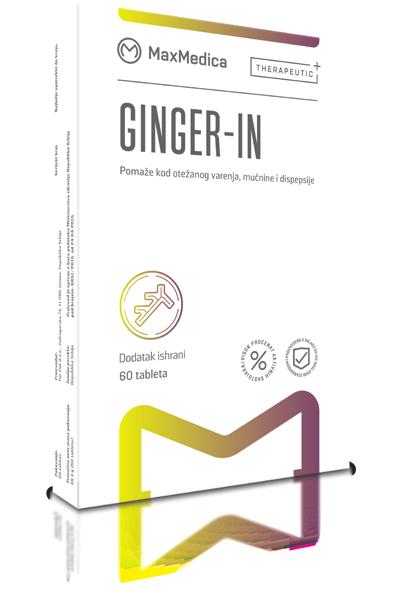GINGER-IN Pomaže kod otežanog varenja, mučnine i dispepsije Ginger-in tablete su formulisane na bazi ekstrakta rizoma đumbira, koji deluje tako što poboljšava varenje hrane i pomaže u tretmanu blažih