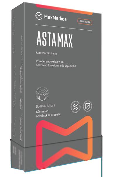 ASTAMAX Prirodni antioksidans za normalno funkcionisanje organizma AstaMax meke želatinske kapsule su formulisane na bazi prirodnog antioksidansa - astaksantina, koji ispoljava kardioprotektivno,