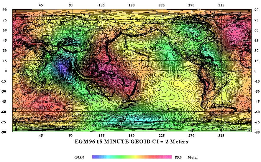 Geoid Maksimalna razlika između geoida i WGS-84 elipsoida je + 60 metara i -100 metara.