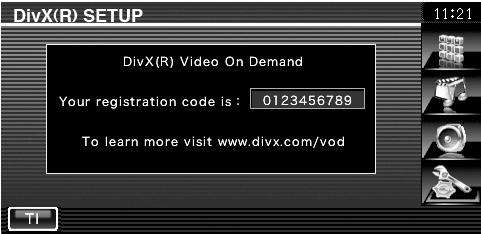 Izbornik postavki Postavke DivX-a Provjera registracijskog koda. Ovaj kod je potreban ako disk ima DRM (digitalnu zaštitu prava). Otvorite zaslon DivX postavki Dodirnite "Setup Menu" (stranica 58).