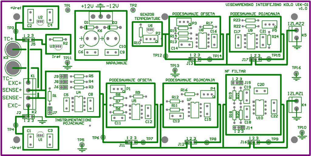 Višenamensko interfejsno kolo VIK-01 Višenamensko interfejsno kolo VIK-01 (slika 1) služi za povezivanje različitih senzora: otpornog senzora temperature, mernih traka u mostnoj vezi, termopara i dr.