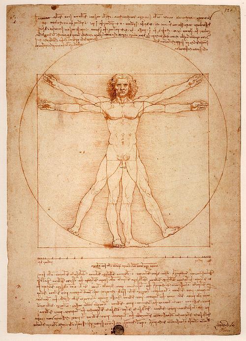 Слика бр. 1- Витрувијев човек, цртеж Леонарда да Винчија настао око 1487. године (81) Уз цртежу се налазе и белешке засноване на делу чувеног архитекте Витрувија.