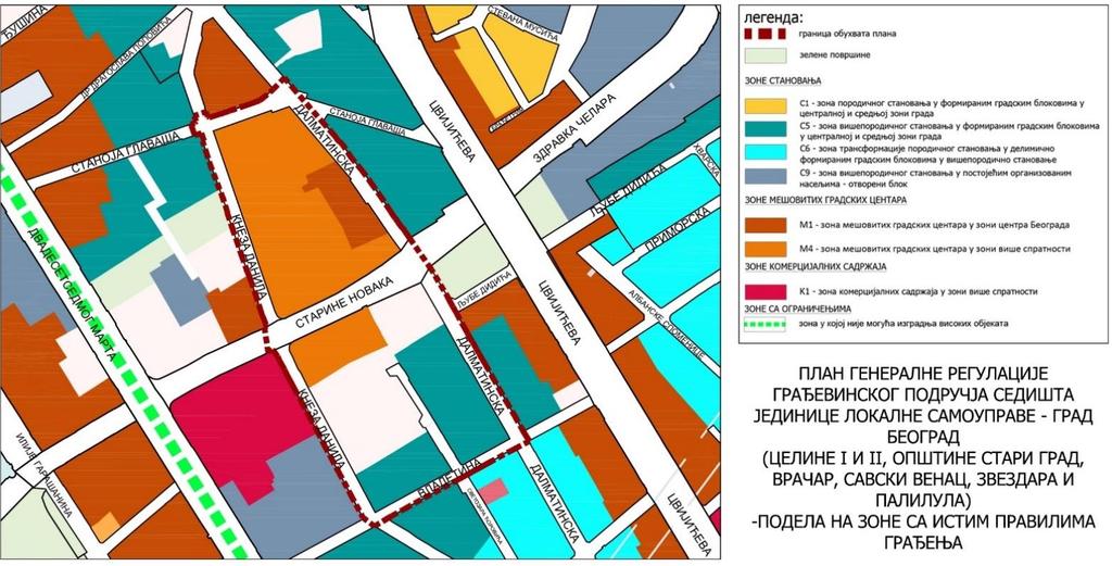 М4 зона мешовитих градских центара у зони више спратности; С5 зона вишепородичног становања у формираним градским блоковима у централној и средњој зони града; Површине за објекте и комплексе јавних