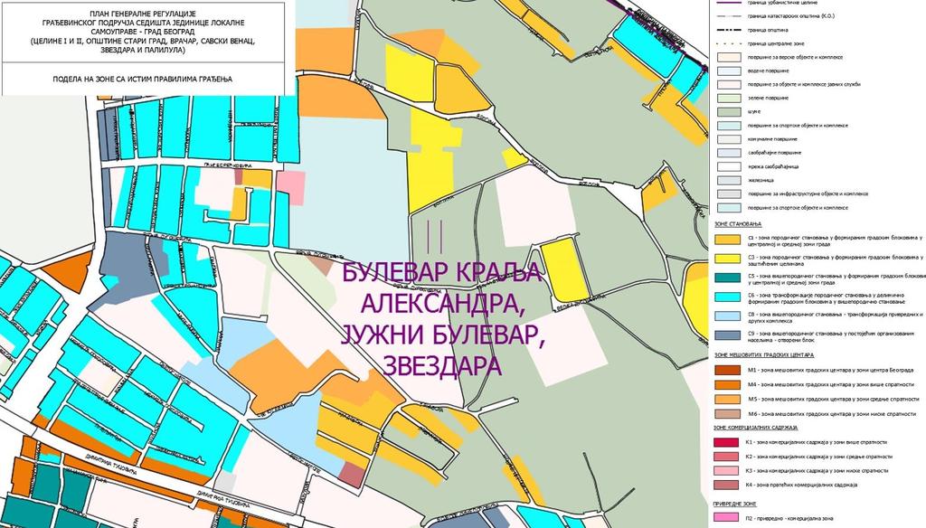 М6 зона мешовитих градских центара у зони ниске спратности; К4 зона пратећих комерцијалних садржаја; Прилог 1: Извод из ПГР-а Подела на зоне са истим правилима грађења У оквиру подручја обухваћеног