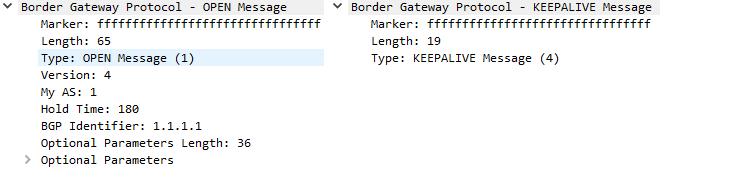 KONFIGURACIJE PRAKTIČNOG DIJELA Sl. 5.58. Wireshark mrežni analizator, BGP poruke OPEN i KEEPALIVE. Sl. 5.59.