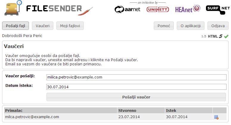 Издавање ваучера 4 Издавање ваучера Издавањем ваучера омогућићете корисницима који нису пријављени на FileSender услугу да пошаљу фајл коришћењем ове услуге. Одаберите опцију Vaučeri ().