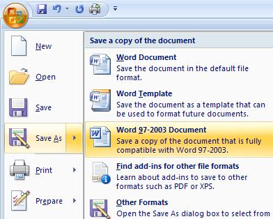 У случају да користите Microsoft WORD 2007 и желите да промените у Microsoft WORD 2003, следите следећи поступак очувања коначне верзије документа, како бисте документ сачували у