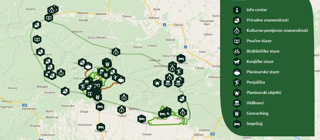 Na slici 17. prikazana je interaktivna mapa na web portalu Parka prirode Papuk gdje korisnici mogu saznati sve o određenim područjima parka i određene informacije o npr.