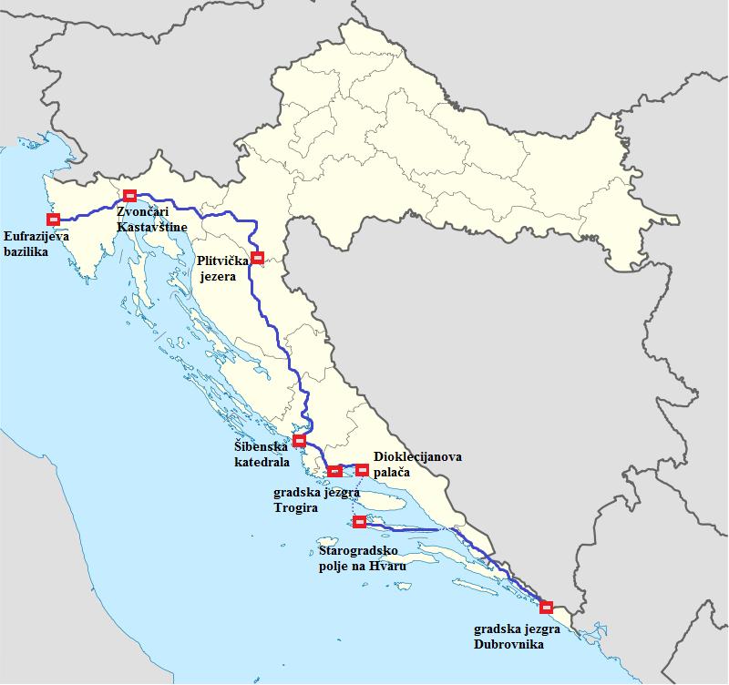 Slika 4. Ceste UNESCO-a IZVOR: Izrada autora prema preporuci Strategije razvoja turizma RH do 2020. godine (2013.), podloga preuzeta s www.worldmapfinder.com (pristup 15.06.2014.