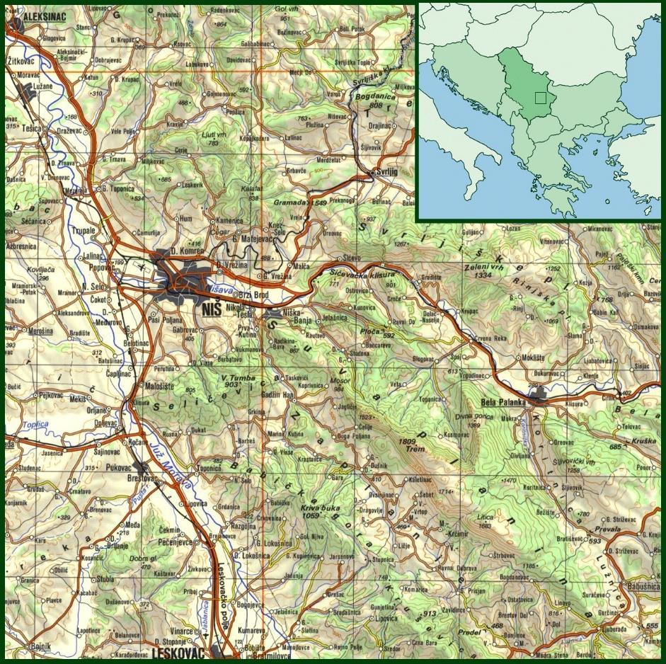 1.2 Geografske karakteristike istraživanog područja Grad Niš se nalazi u severnom delu jugoistočne Srbije (Sl. 2), 10 km uzvodno od ušća Nišave u Južnu Moravu.