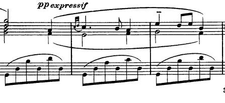 Page34 4.2.1.5.f, takt 104-106 Coda, 104. takt, koristi tematske fragmente iz A dijela u desnoj ruci, dok se u lijevoj ruci nalazi kretanje osminki kao najaktivniji dio cijelog stavka.