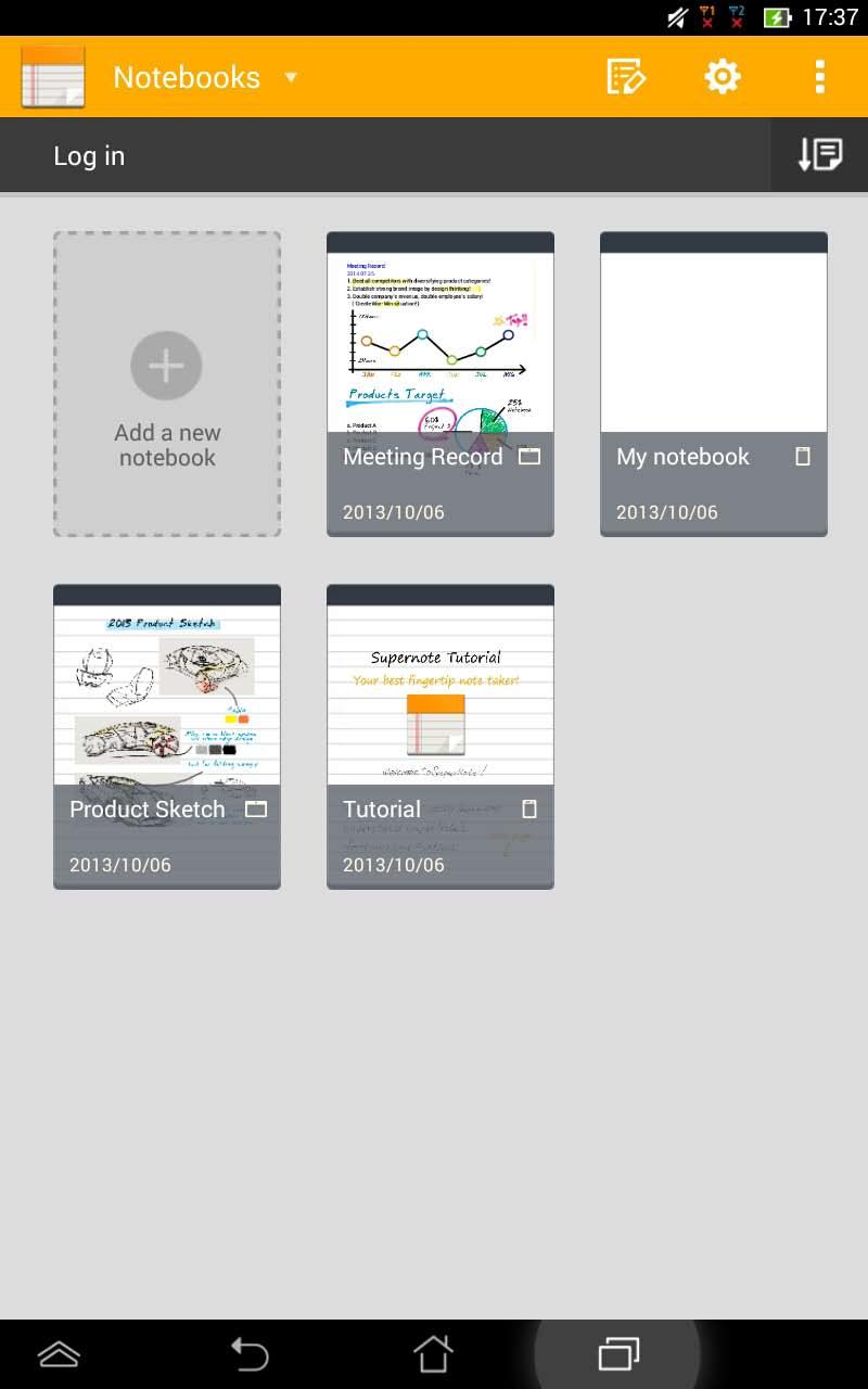 Glavni zaslon aplikacije SuperNote Kucnite za pregled prema vrsti Kucnite za dodavanje nove bilježnice Kucnite za odabir i zaključavanje, brisanje ili izvoz bilježnica u PDF ili SuperNote
