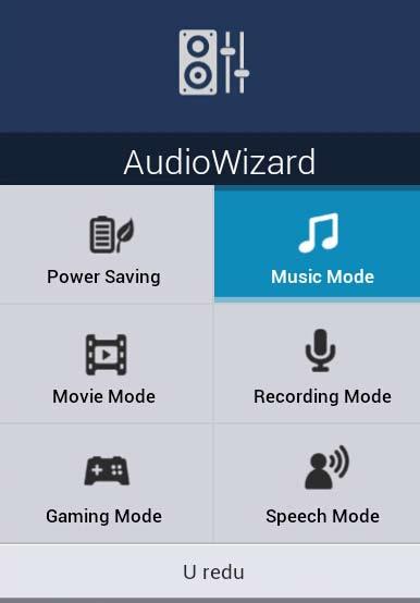 AudioWizard AudioWizard omogućuje prilagodbu načina rada zvuka vašeg ASUS Tablet, za jasniji audio izlaz koji odgovara stvarnim scenarijima primjene.