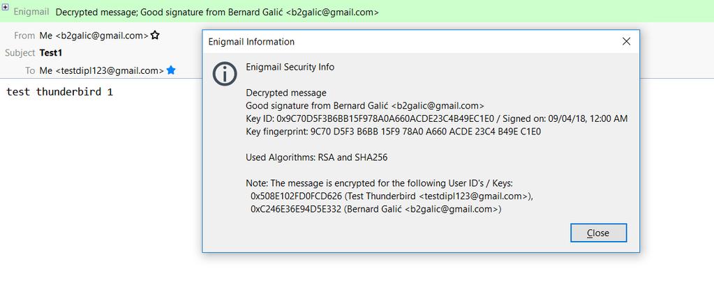 Sl. 4.30. Dekriptirani sadržaj elektroničke pošte 4.3. Mailvelope Sljedeći primjer metode za enkripciju elektroničke pošte je različit od prijašnjih primjera iz razloga što on ne zahijeva preuzimanje dodatnog software-a na računalo.