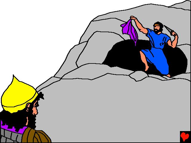 У пећини Давид је могао лако убити Саула. Умјесто тога, он се пришуња и одсијече скут од плашта Сауловог са својим оштрим бодежом.