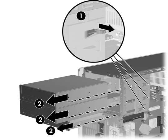 b. Ako odspajate disketnu jedinicu, odspojite podatkovni kabel (1) i naponski kabel (2) sa stražnje strane pogona. Slika 2-16 Isključivanje kabela s disketne jedinice 7.