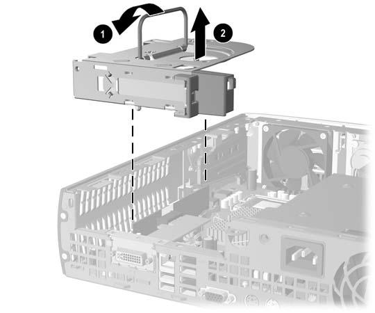 7. Povucite ručicu (1) na sklopu kartice za proširenje i povucite ga ravno izvan računala (2). Slika 2-12 Uklanjanje nosača PCI Express kartice za proširenje 8.