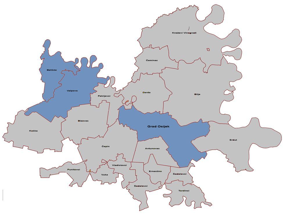 UAOSijek teritorijalno se prostire u dvije Županije (Osječko-baranjska i Vukovarsko-srijemska županija), te površinom od 1.