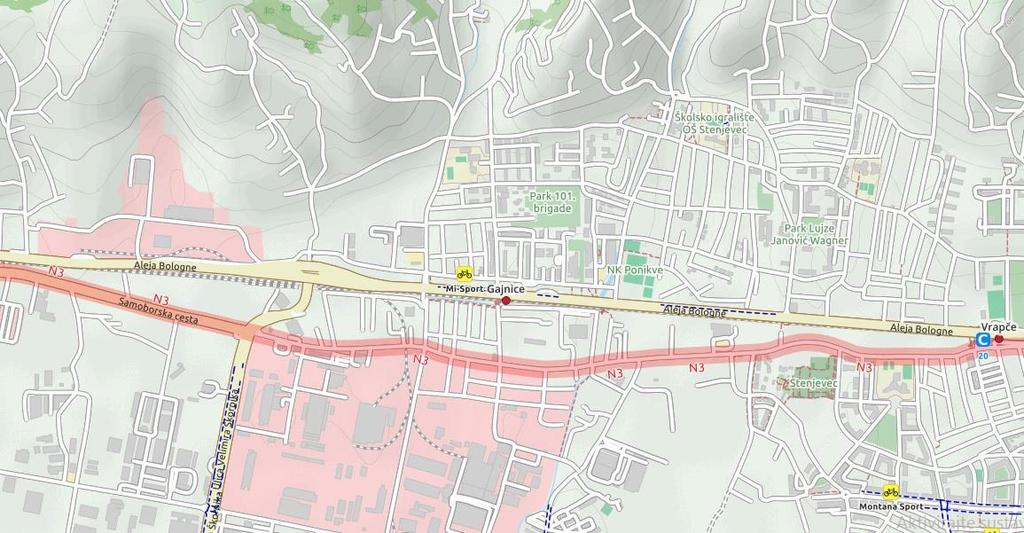Prikazanom kartom biciklističkih staza, može se primijetiti da su istočni i zapadni dijelovi grada slabo infrastrukturno povezani.