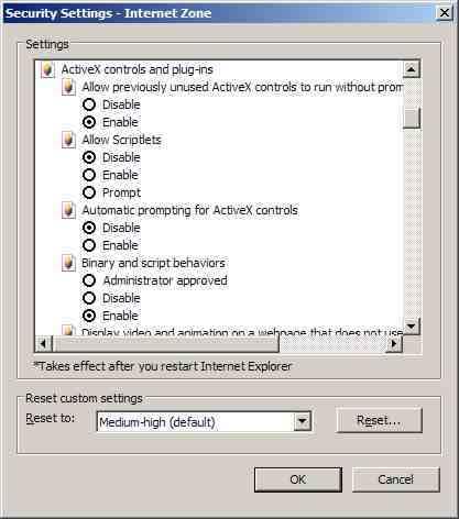 Opcija ActiveX opt-in je omogućena u Internet zoni i zoni ograničenih stranica, a automatski onemogućena u Intranetu i zoni sigurnih stranica, što se, naravno, može izmijeniti.