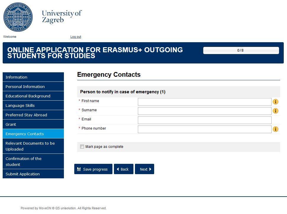 EMERGENCY CONTACTS U polja pod Emergency contacts upisujete podatke vezane uz osobu koja će biti vaš