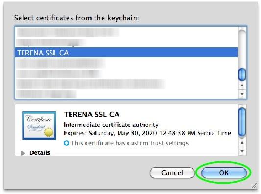 i izabrati Select certificate Iz liste odabrati TERENA