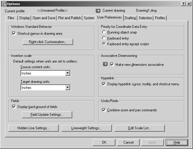 1012 DODATAK A INSTALIRAÇE I PODEÃAVAÇE AUTOCAD-A Kartica User Preferences Opcije kartice User Preferences omoguñavaju da podesite na koji naåin ñe AutoCAD reagovati na unose.