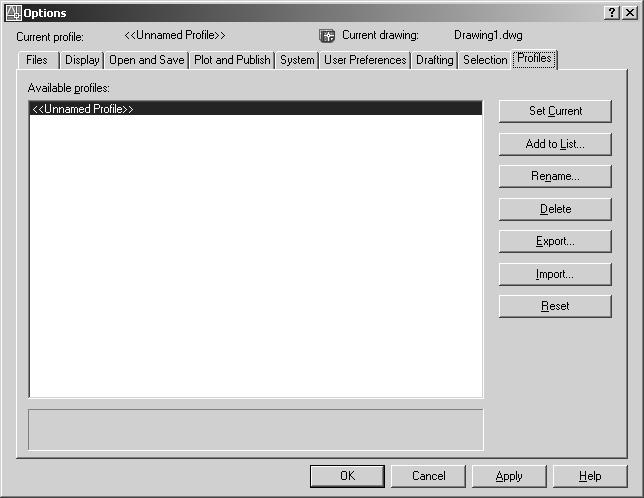 1018 DODATAK A INSTALIRAÇE I PODEÃAVAÇE AUTOCAD-A Kartica Profiles Ako koristite Windows XP Professional ili Windows 2000, znate da je profil korisnika saåuvan za svako korisniåko ime.