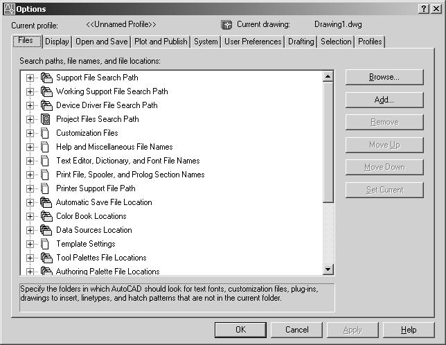 PODEÃAVAÇE AUTOCAD-A 1001 Kartica Files Pomoñu opcija s kartice Files zadajete gde ñe AutoCAD åuvati ili traæiti datoteke koje su mu neophodne za rad.