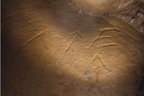 Sl.6 Digitalna fotografija skupa nepoznatih simbola na prednjoj strani megalitne ploče T-1 To su neoborivi geološki dokazi o tri tipa relativne starosti u tunelu.