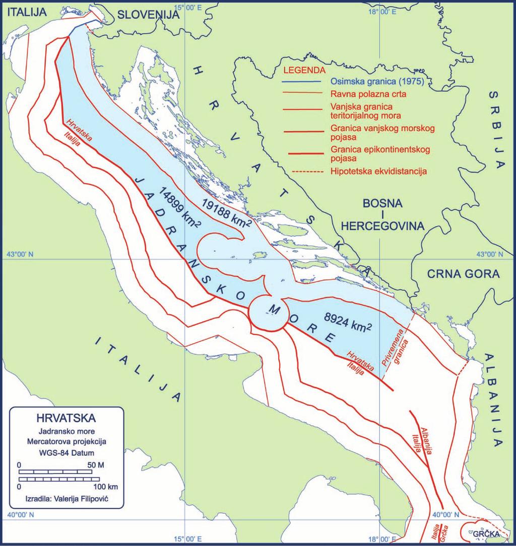 Karta 9. Granice podmorskih prostora Republike Hrvatske Između Hrvatske i Crne Gore danas je na snazi privremena granica na moru duga 14 milja odnosno 25,98 kilometara.