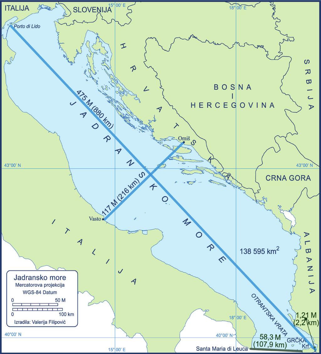 Karta 2. Temeljna geografska obilježja Jadrana Iako je najveća izmjerena dubina u Jadranu 1 233 metra 13, u njegovim sjevernim dijelovima dubina ne prelazi 100 metara.