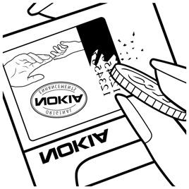 Kad gledate hologramsku naljepnicu, iz jednog biste kuta trebali vidjeti simbol tvrtke Nokia - ruku u ruci, a iz drugog logotip Nokia Original Enhancements za originalnu dodatnu opremu. 2.