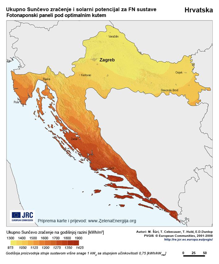 Zemljovid 1. Ukupno sunčevo zračenje i solarni potencijal za fotonaponske sustave u Republici Hrvatskoj Izvor: Szekeres, 2012.