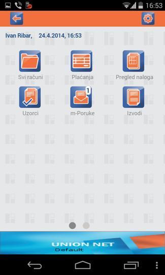 13. UNIONmobile Početna strana Nakon uspješne prijave u UNIONmobile aplikaciju, otvaraju se dva ekrana (slajda), kao na sljedećoj slici: Filtriranje podataka Pretraživanje