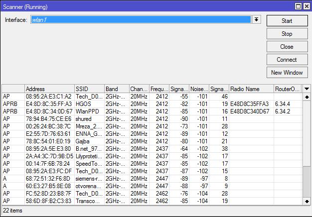 Slika 4.5. Prikaz Scanner opcije u Winbox-u Idući korak pri konfiguriranju MikroTik usmjerivača kao pristupne točke je stvaranje DHCP Server-a u WLAN sučelju (Sl.4.6.