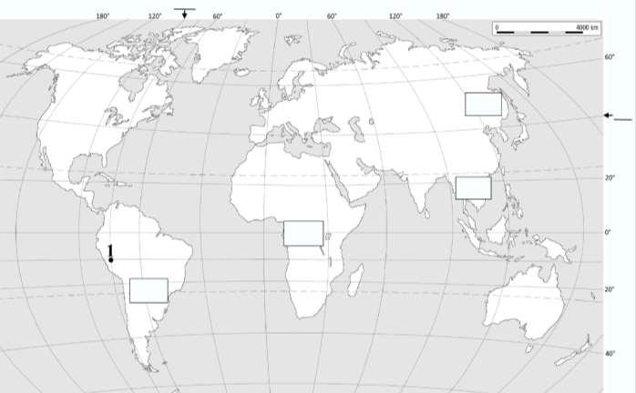 SLJEDEĆIH PET ZADATAKA RIJEŠI UZ POMOĆ PRILOŽENE KARTE SVIJETA.. Na crte uz gornji i desni rub priložene geografske karte svijeta upiši stupnjeve za meridijan i paralelu koji su označeni strelicama.